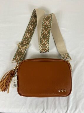 Willow Cognac Crossbody Bag with Patterned Beige Strap
